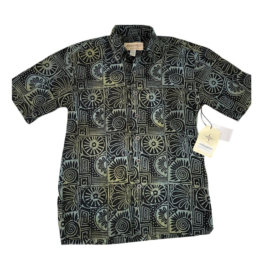 Johari West Men's Hawaiian Shirt Black Green Tribal Short Sleeve Button Up NEW